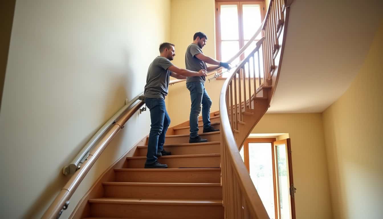 Monte-escalier tournant en cours d'installation dans une maison type à Aurillac