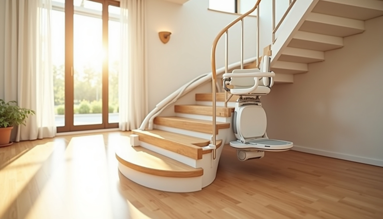 Monte-escalier tournant en fonctionnement dans une habitation avec escalier en colimaçon