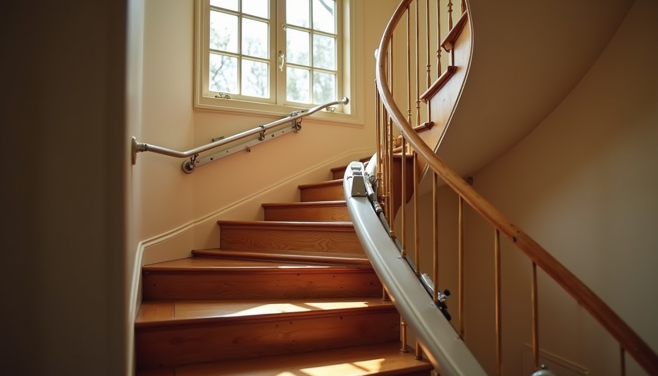 Monte-escalier tournant installé dans un escalier en colimaçon à Ambert, avec rail sur mesure
