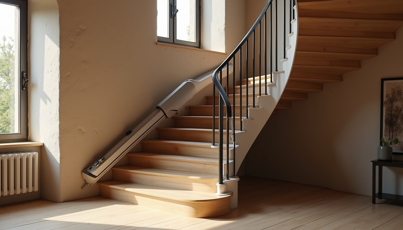 Monte-escalier tournant installé dans un escalier en colimaçon à Bû
