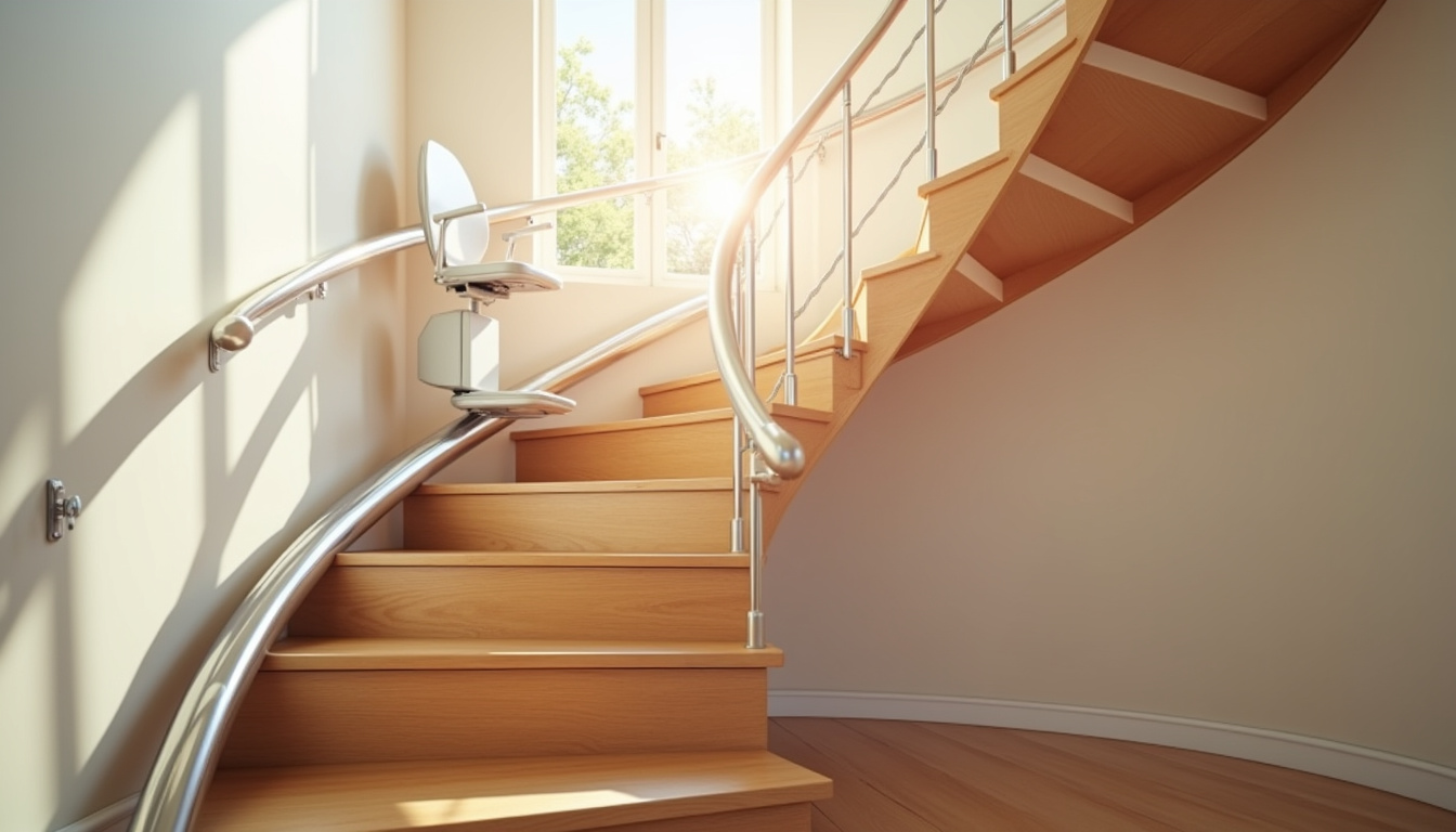 Monte-escalier tournant installé dans un escalier en colimaçon à l’intérieur d’une maison