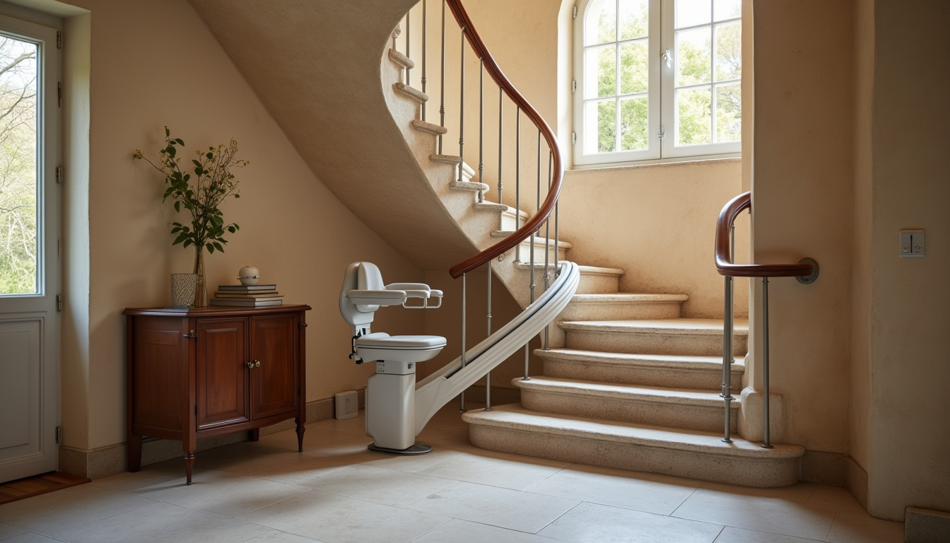Monte-escalier tournant installé dans un escalier en colimaçon à Saint-Romain-la-Motte
