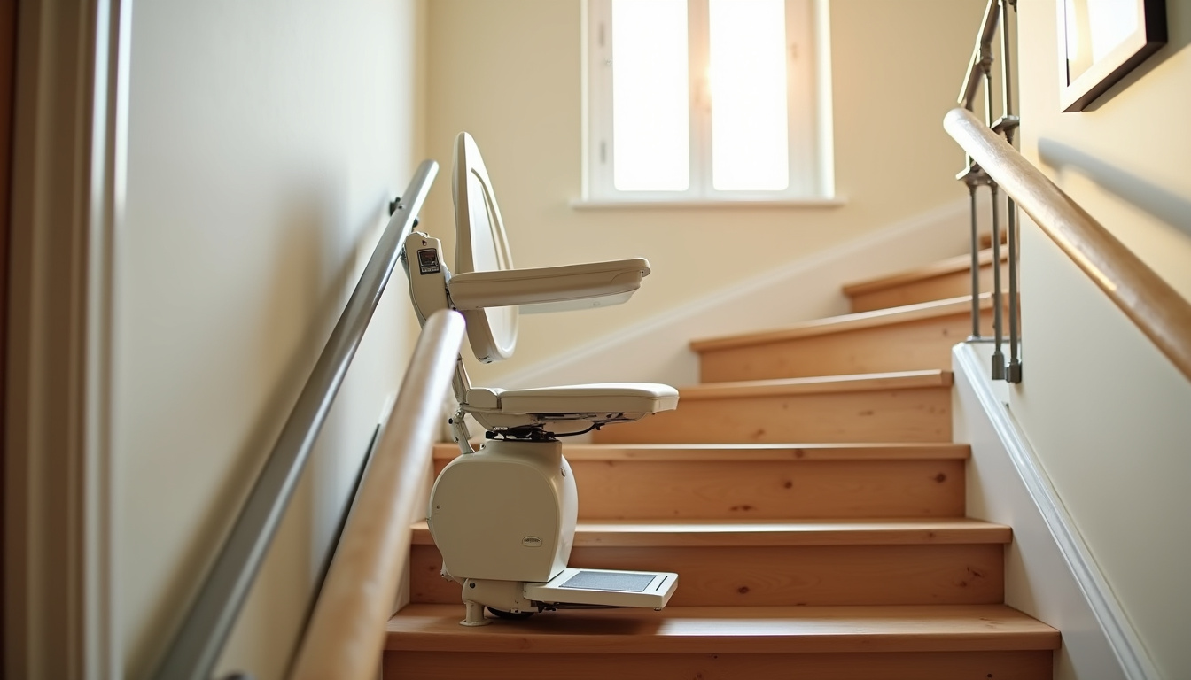 Monte-escalier tournant installé dans un escalier en colimaçon à Tremblay-les-Villages, avec siège pliable et commande murale