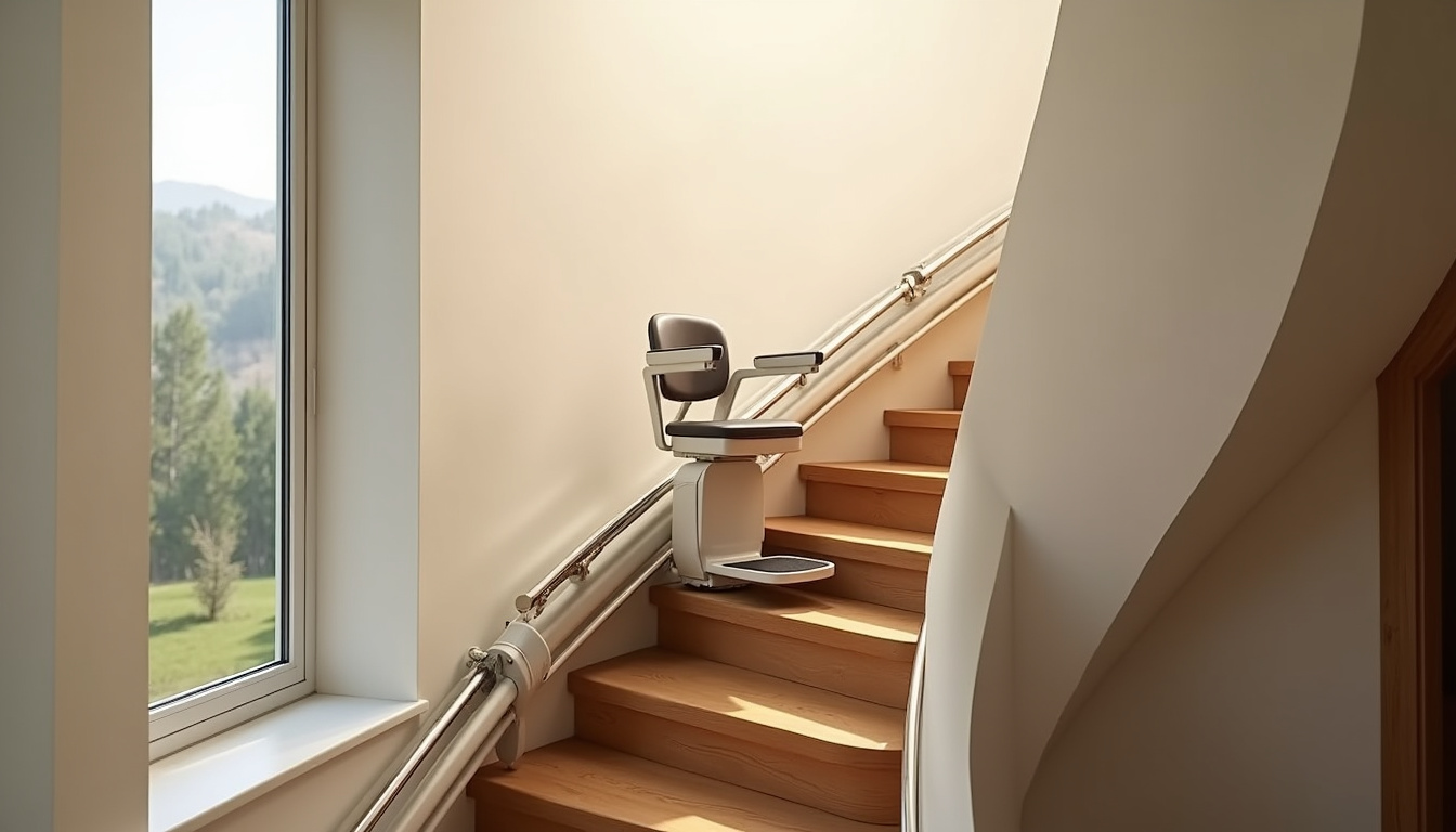 Monte-escalier tournant installé dans un escalier intérieur à Koungou, avec rail sur mesure épousant la courbure des marches