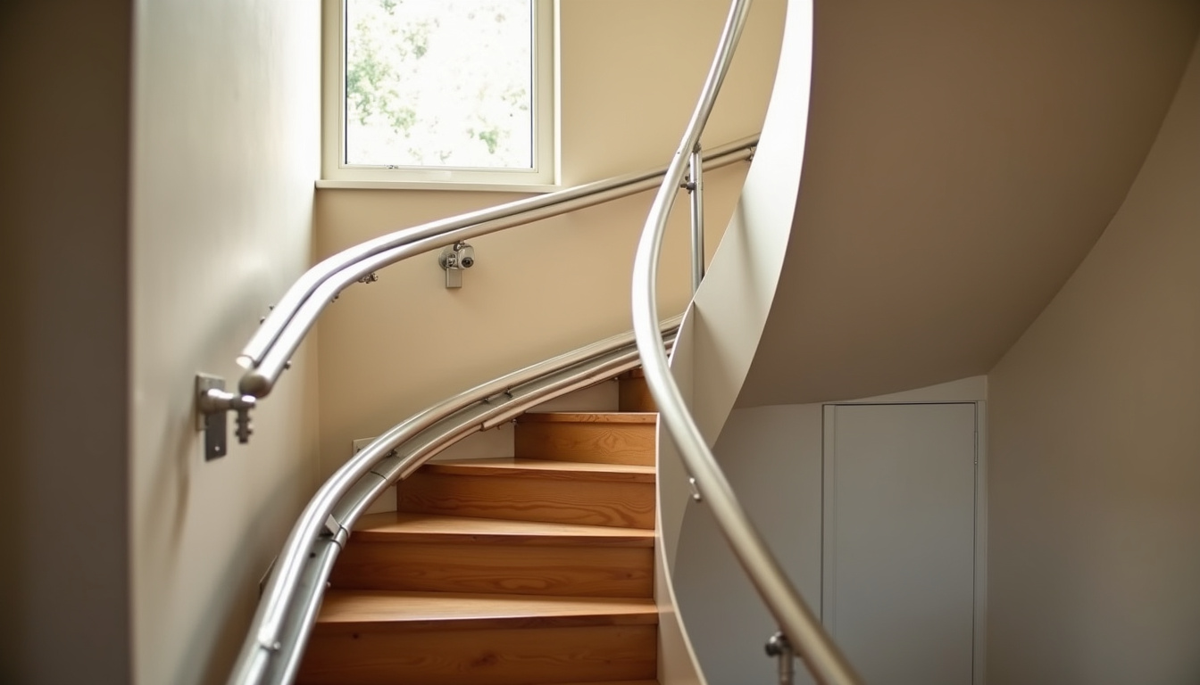 Monte-escalier tournant installé dans une habitation à Missiriac, adapté à un escalier en colimaçon
