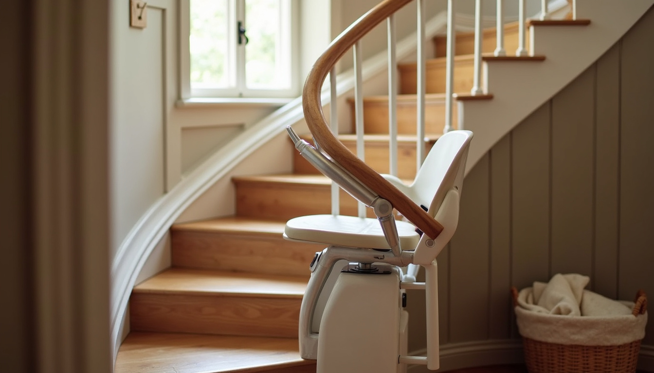 Monte-escalier tournant installé dans une maison à Bazoges-en-Pareds avec un rail sur mesure qui suit la courbe de l’escalier