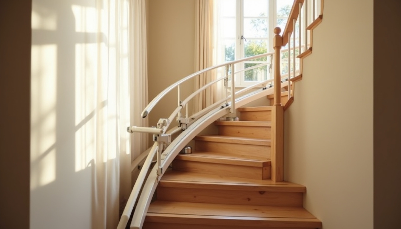 Monte-escalier tournant installé dans une maison à Blaringhem, avec rail courbe sur mesure