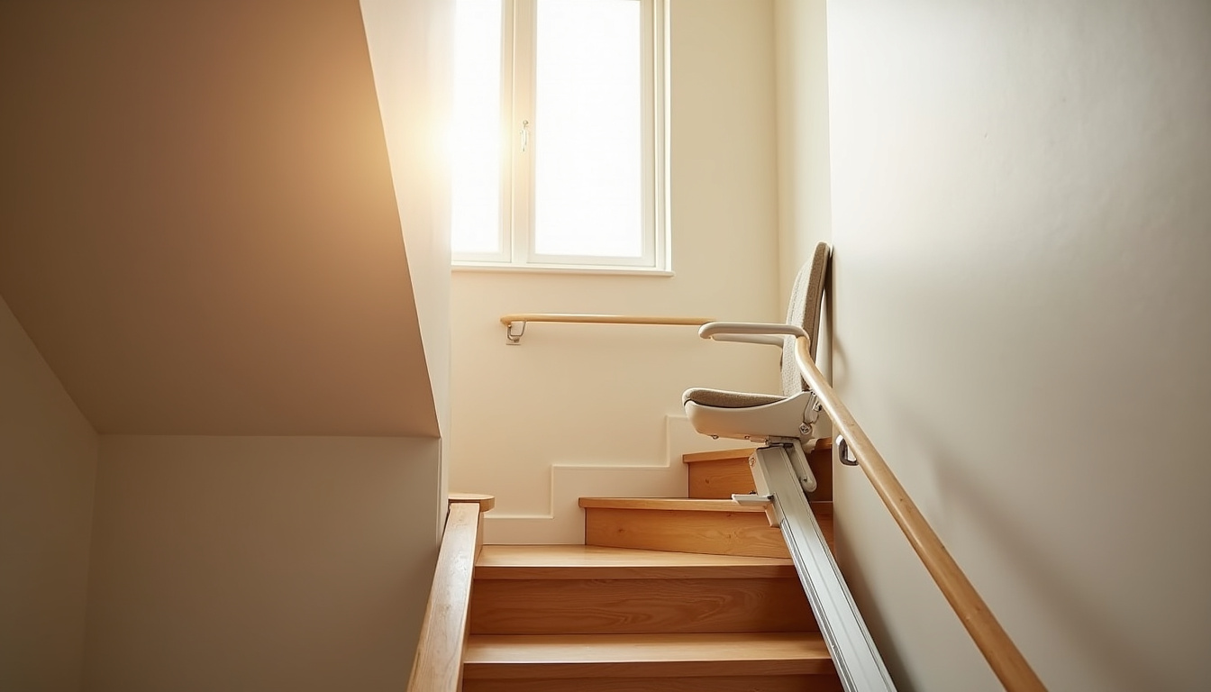 Monte-escalier tournant installé dans une maison à Limonest, vue d’un escalier avec virage et siège en position haute
