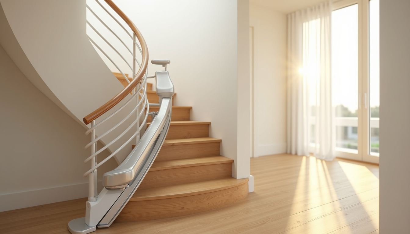 Monte-escalier tournant installé dans une maison à Lusignan, adapté à un escalier avec virage