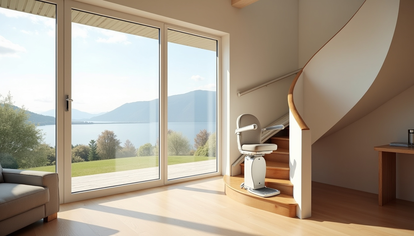 Monte-escalier tournant installé dans une maison à Maxilly-sur-Léman avec vue sur le lac Léman
