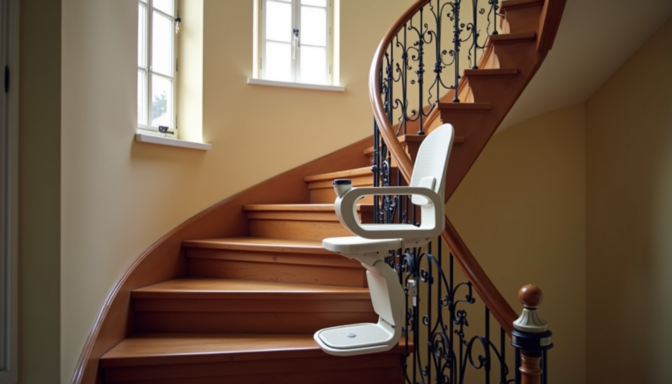 Monte-escalier tournant installé dans une maison à Rive-de-Gier avec escalier en colimaçon