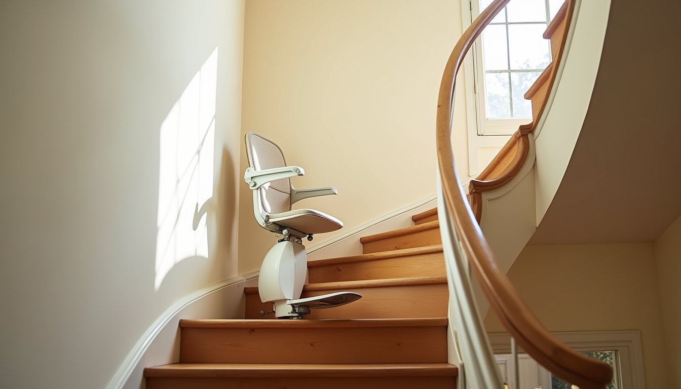 Monte-escalier tournant installé dans une maison à Solignac-sur-Loire, vue depuis le bas de l’escalier