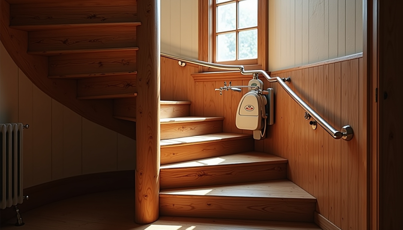 Monte-escalier tournant installé dans une maison ancienne à Mûrs-Erigné, intégré harmonieusement à l’escalier en bois