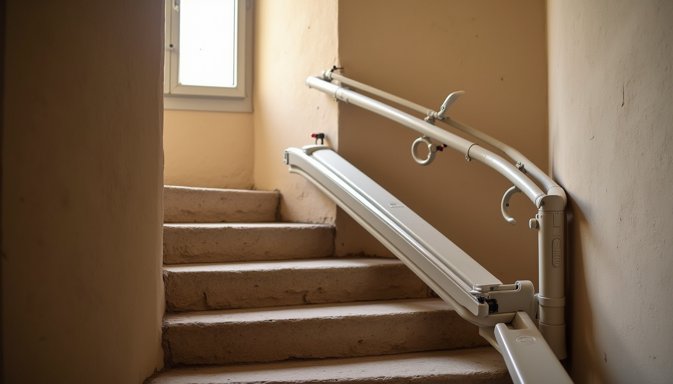 Monte-escalier tournant installé dans une maison ancienne à Osny avec escalier en colimaçon