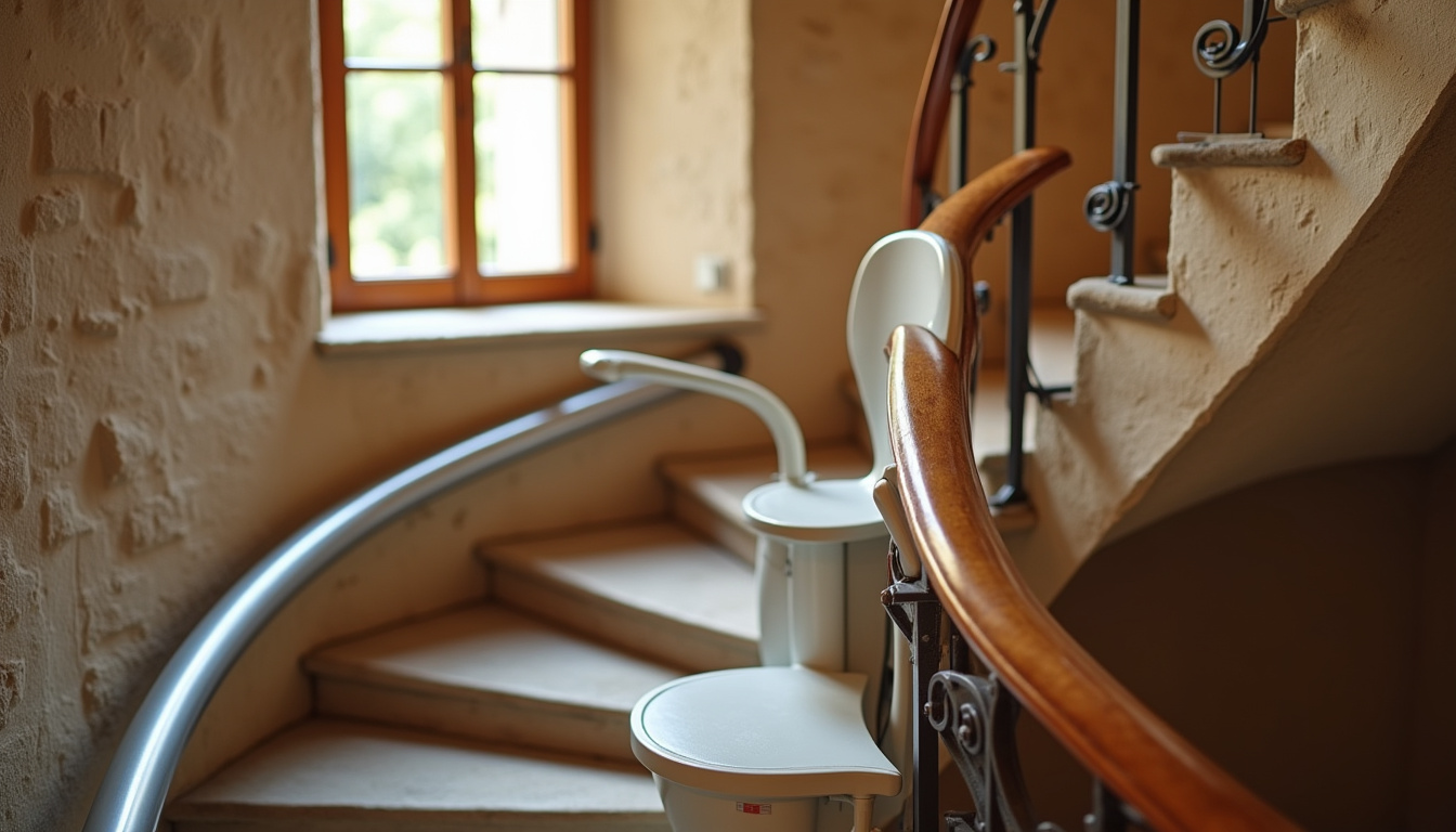 Monte-escalier tournant installé dans une maison ancienne à Robion, avec rail courbe adapté à un escalier en colimaçon