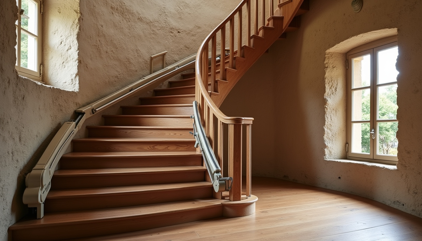 Monte-escalier tournant installé dans une maison ancienne à Ver-sur-Launette, en situation réelle d