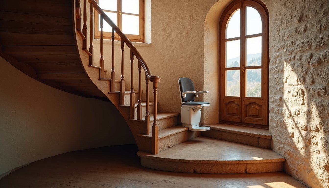 Monte-escalier tournant installé dans une maison ancienne avec escalier en colimaçon
