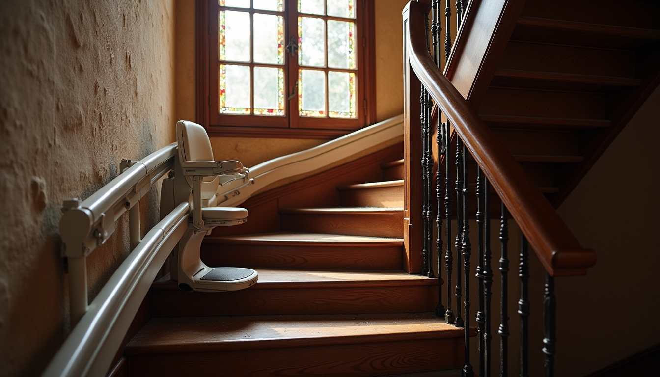Monte-escalier tournant installé dans une maison ancienne avec virage