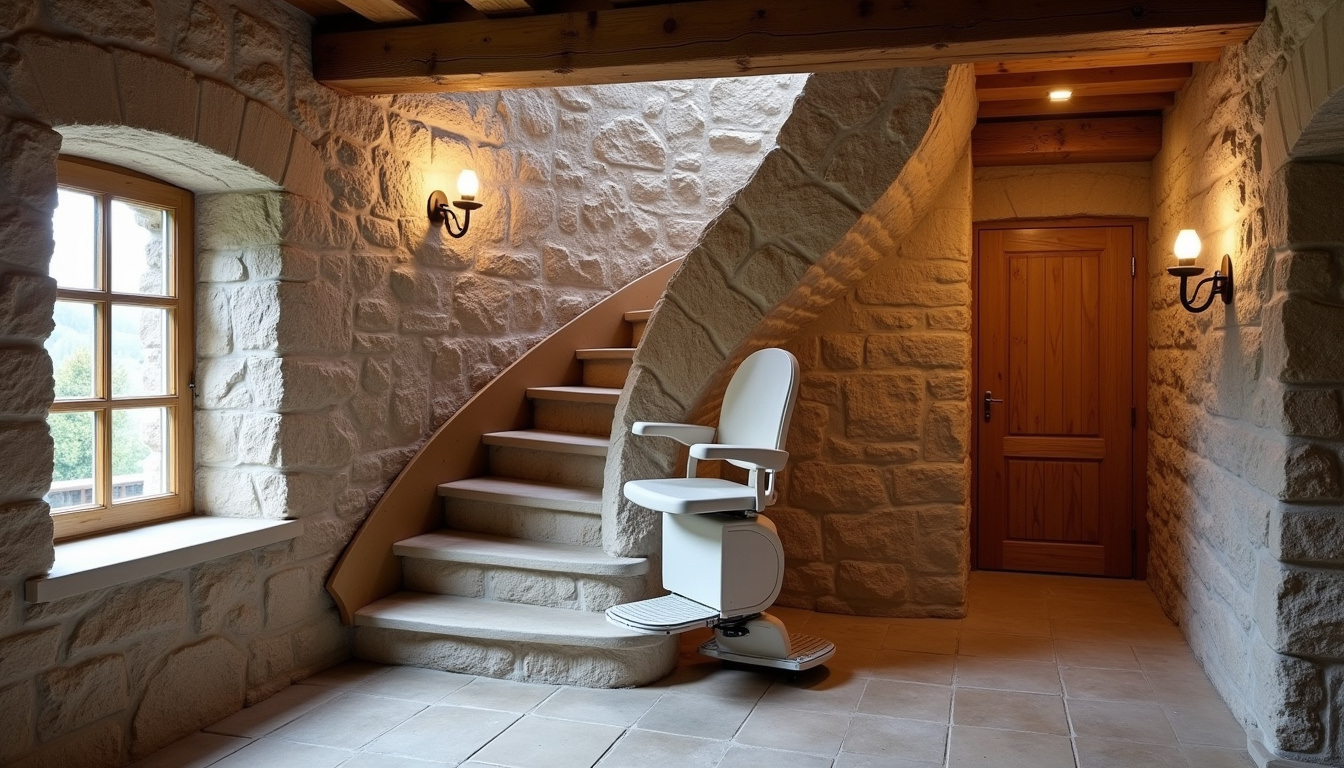 Monte-escalier tournant installé dans une maison ancienne typique des Hautes-Alpes