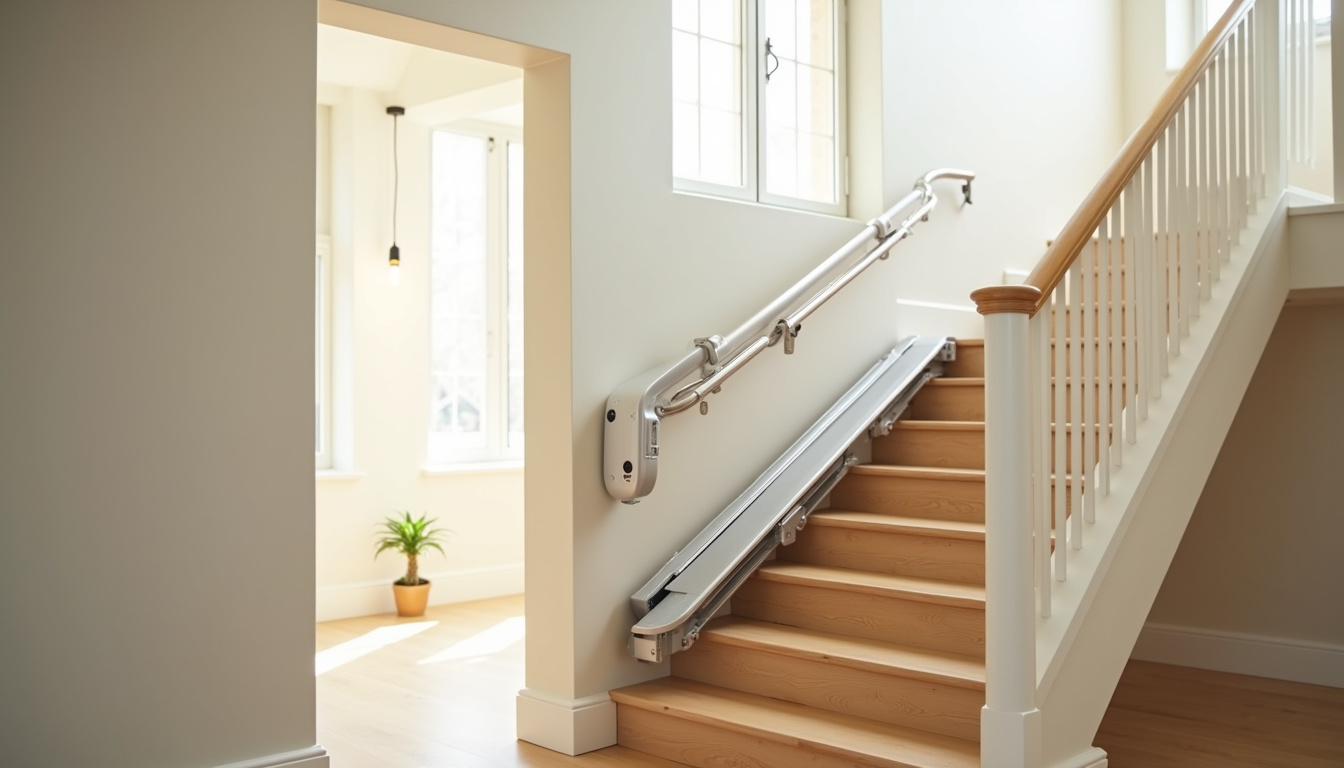 Monte-escalier tournant installé dans une maison avec escalier à palier