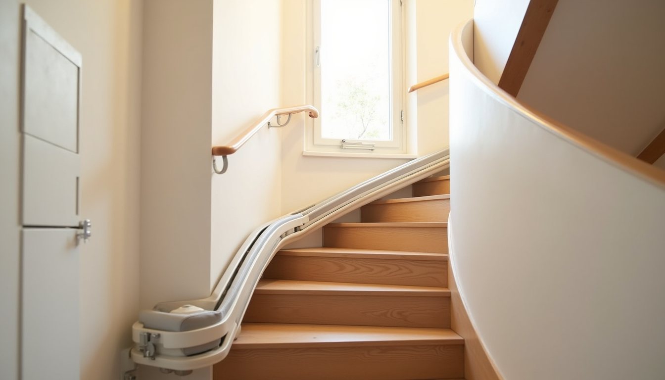 Monte-escalier tournant installé dans une maison avec escalier courbe à Vindry-sur-Turdine