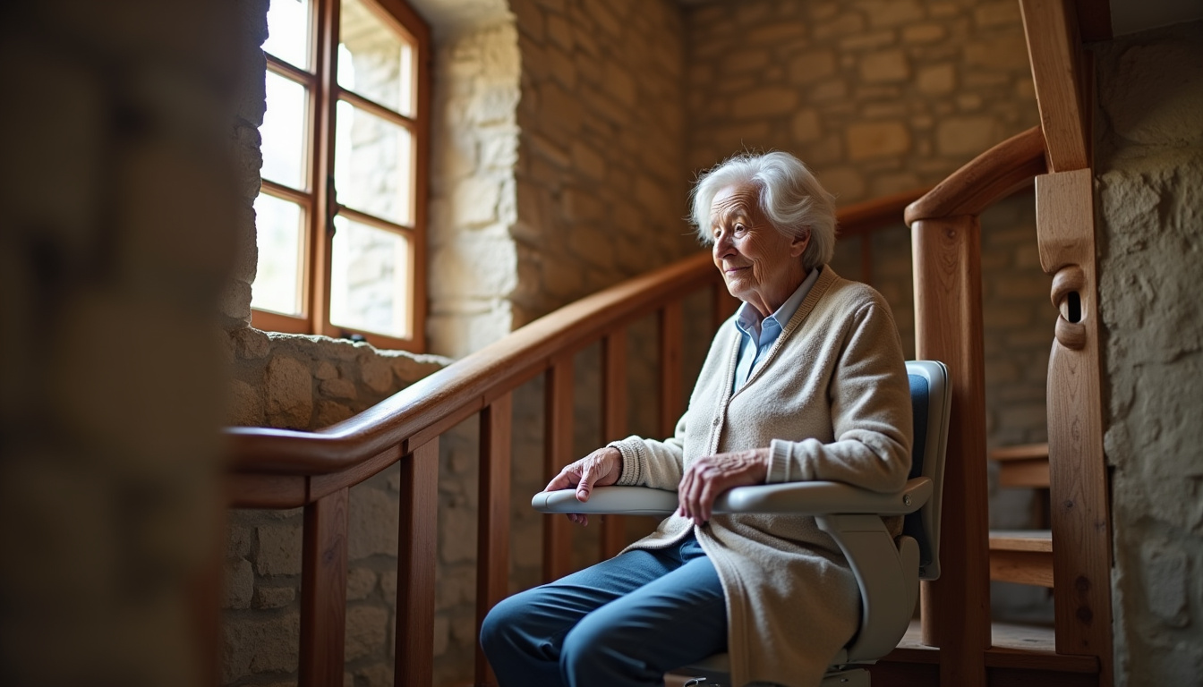 Monte-escalier tournant installé dans une maison traditionnelle à Bégard, en cours d’utilisation sécurisée