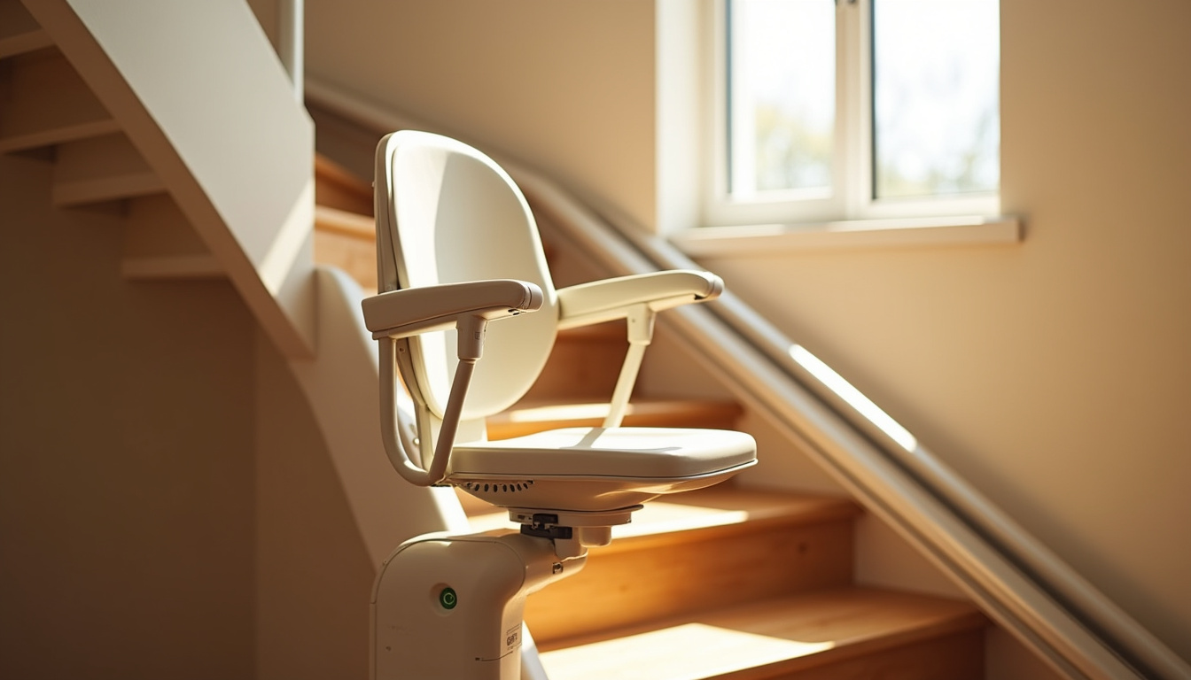 Monte-escalier tournant installé sur un escalier avec virage à Nousty, montrant le rail courbe et le fauteuil ajusté à la configuration