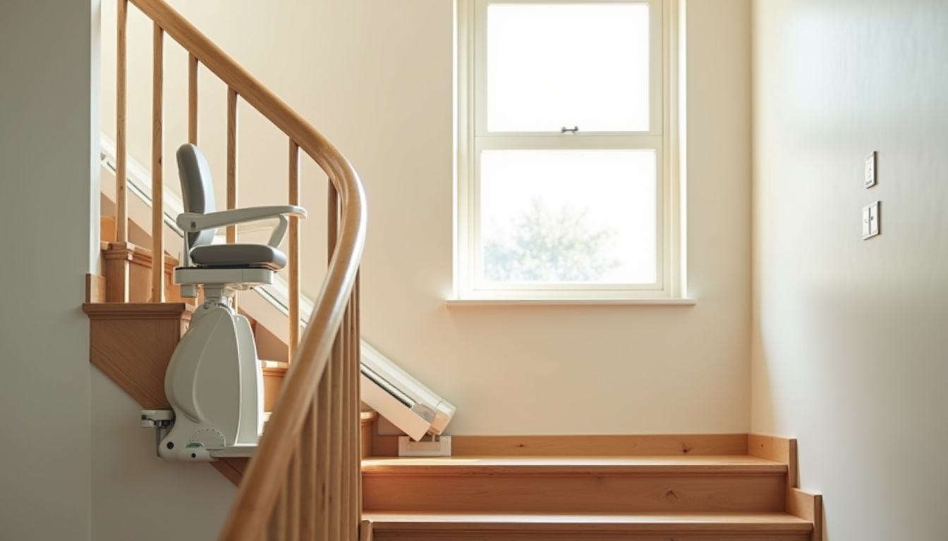 Monte-escalier tournant installé sur un escalier courbe dans une maison à Bains-sur-Oust