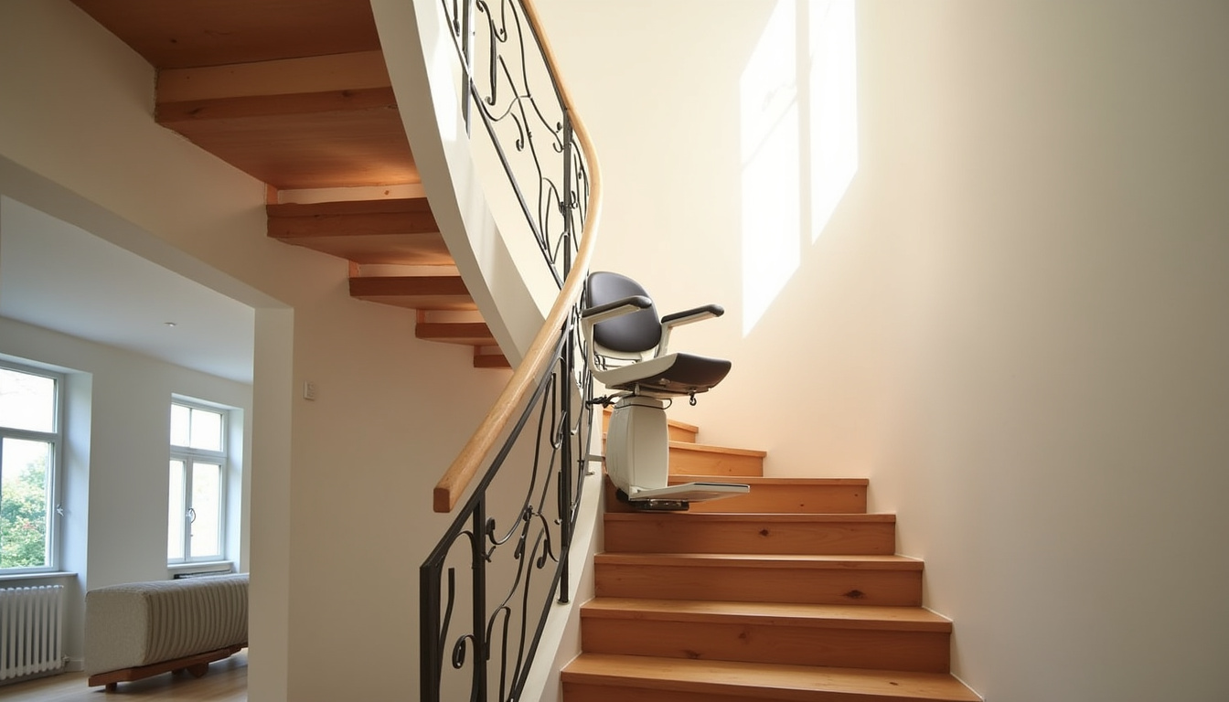 Monte-escalier tournant installé sur un escalier en colimaçon à Colombelles