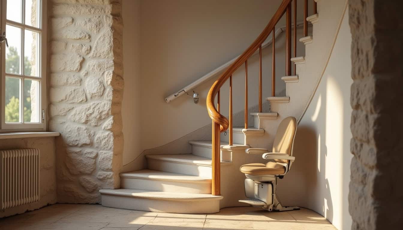 Monte-escalier tournant installé sur un escalier en colimaçon à Labarthe-sur-Lèze