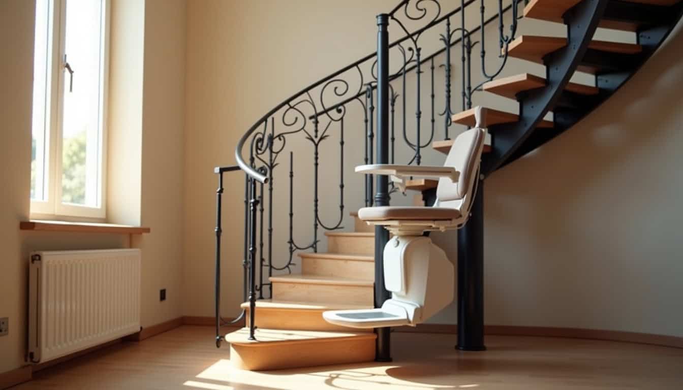 Monte-escalier tournant installé sur un escalier en colimaçon avec palier intermédiaire