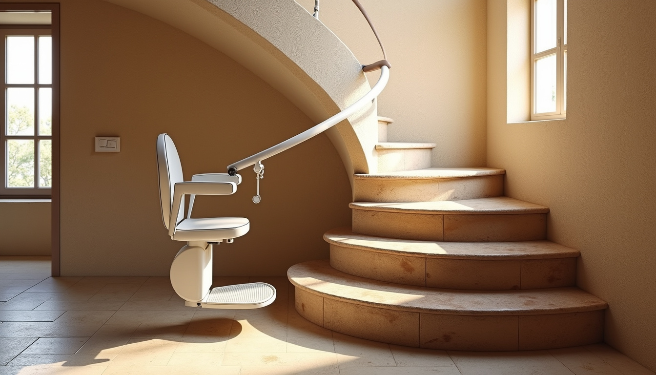 Monte-escalier tournant installé sur un escalier en colimaçon dans une maison à Espalion