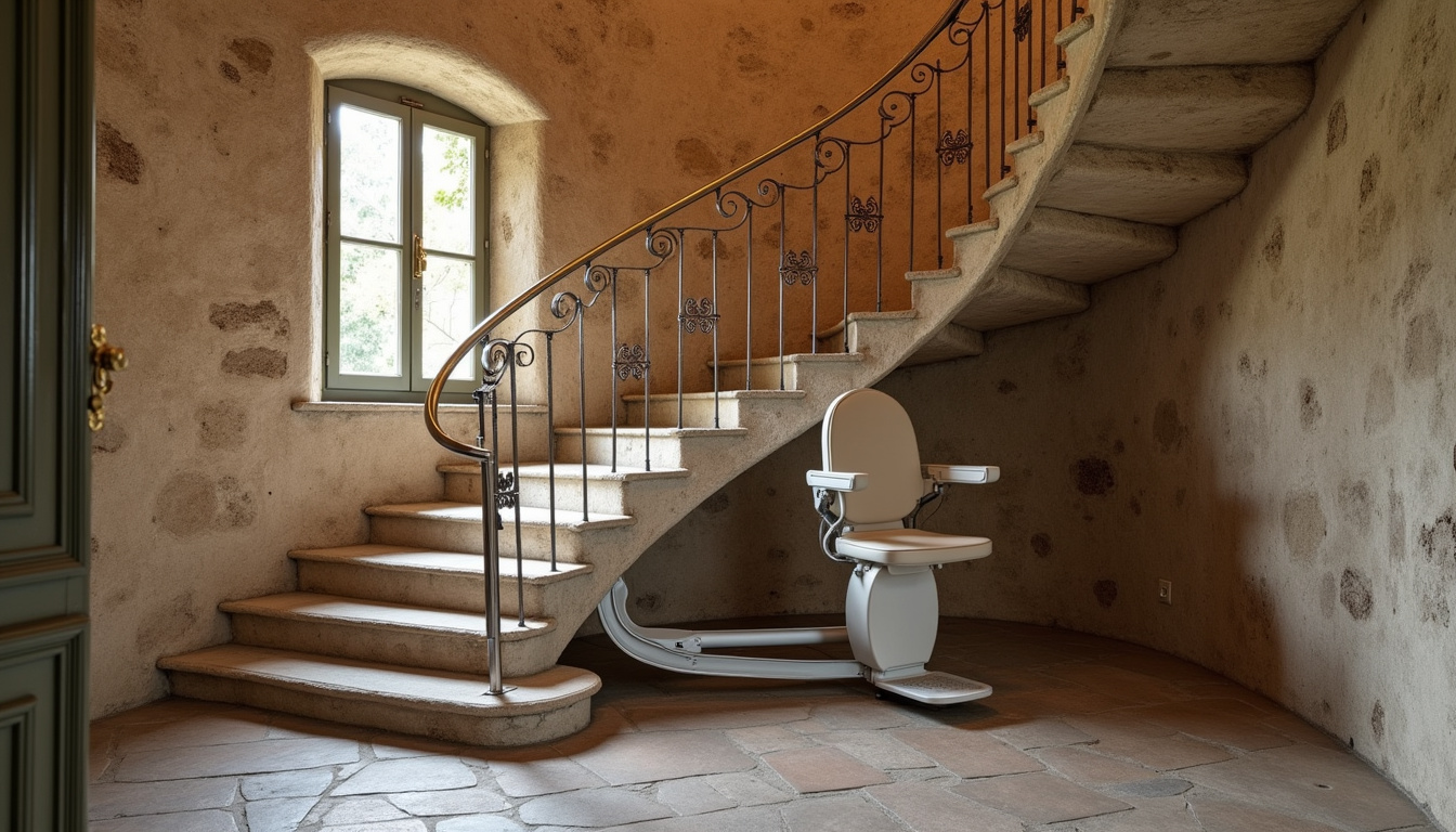 Monte-escalier tournant installé sur un escalier en colimaçon dans une maison ancienne à Lauzerte