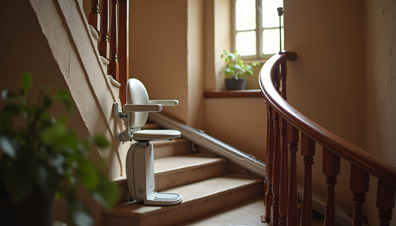 Monte-escalier tournant installé sur un escalier en colimaçon dans une maison ancienne de Saint-Antoine-l