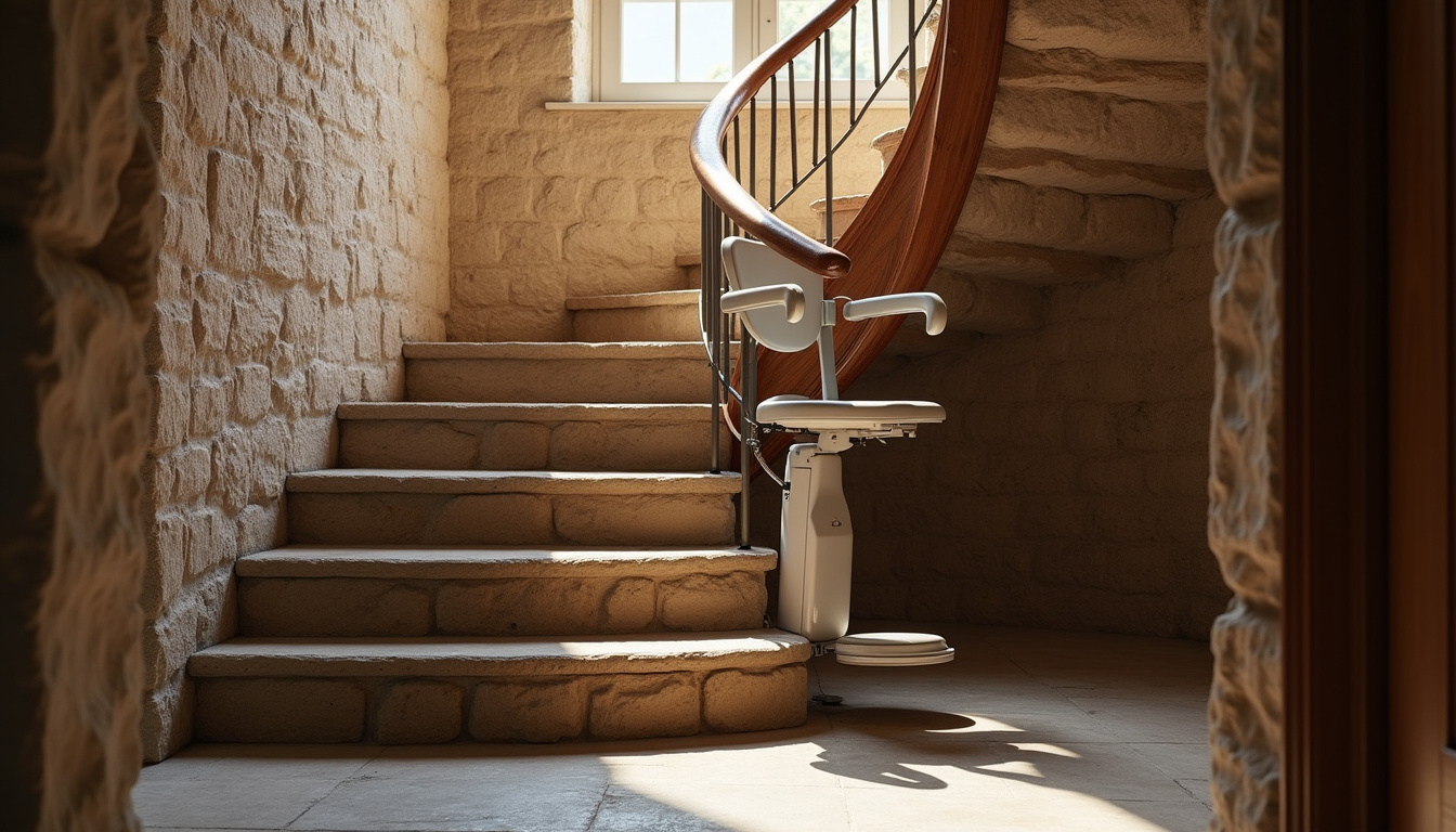 Monte-escalier tournant installé sur un escalier en colimaçon dans une maison ancienne de Saint-Gelais