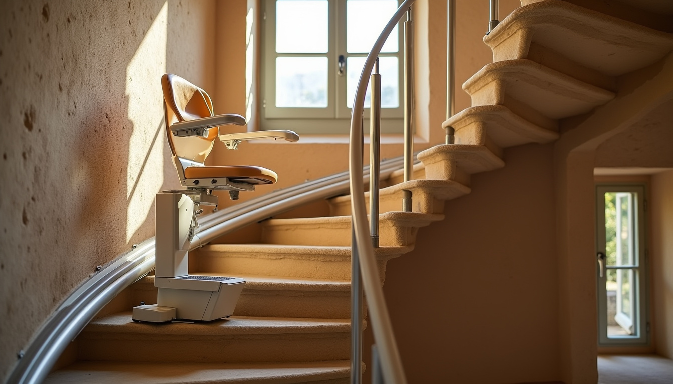 Monte-escalier tournant installé sur un escalier en colimaçon dans une maison ancienne du Gers