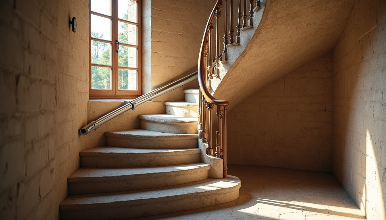 Monte-escalier tournant installé sur un escalier en colimaçon dans une maison ancienne