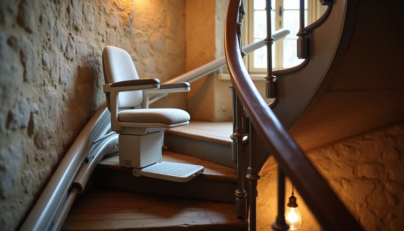 Monte-escalier tournant installé sur un escalier en colimaçon dans une maison ancienne