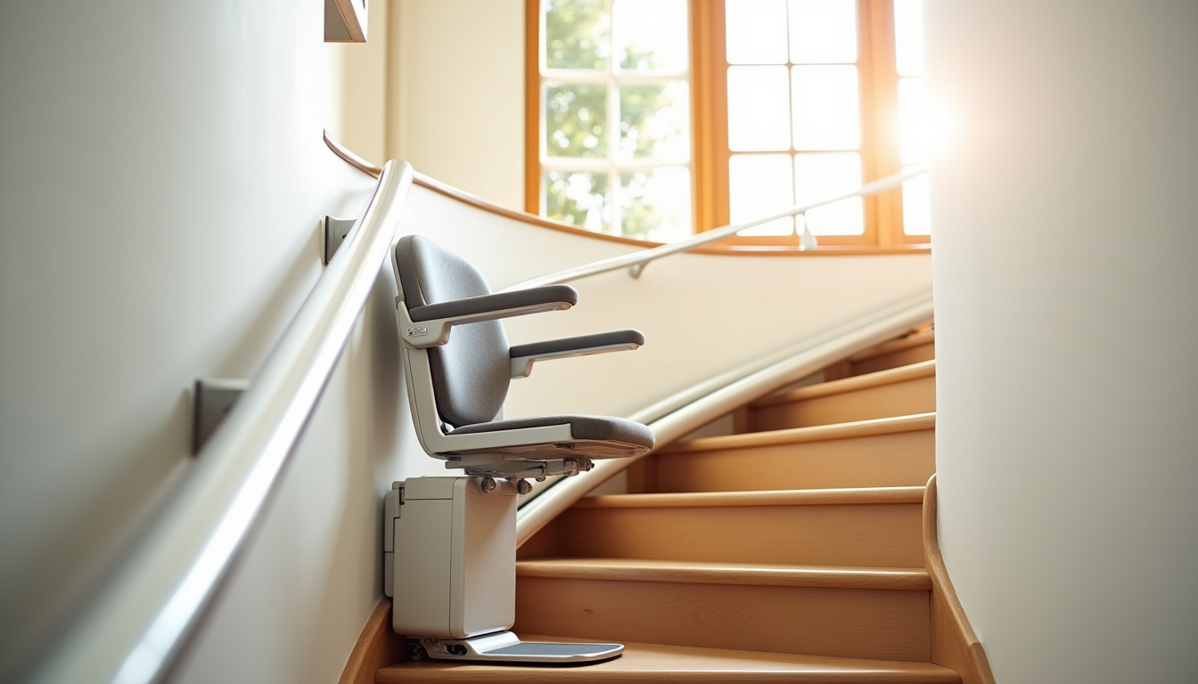 Monte-escalier tournant installé sur un escalier intérieur avec virage, rail sur mesure et siège ergonomique