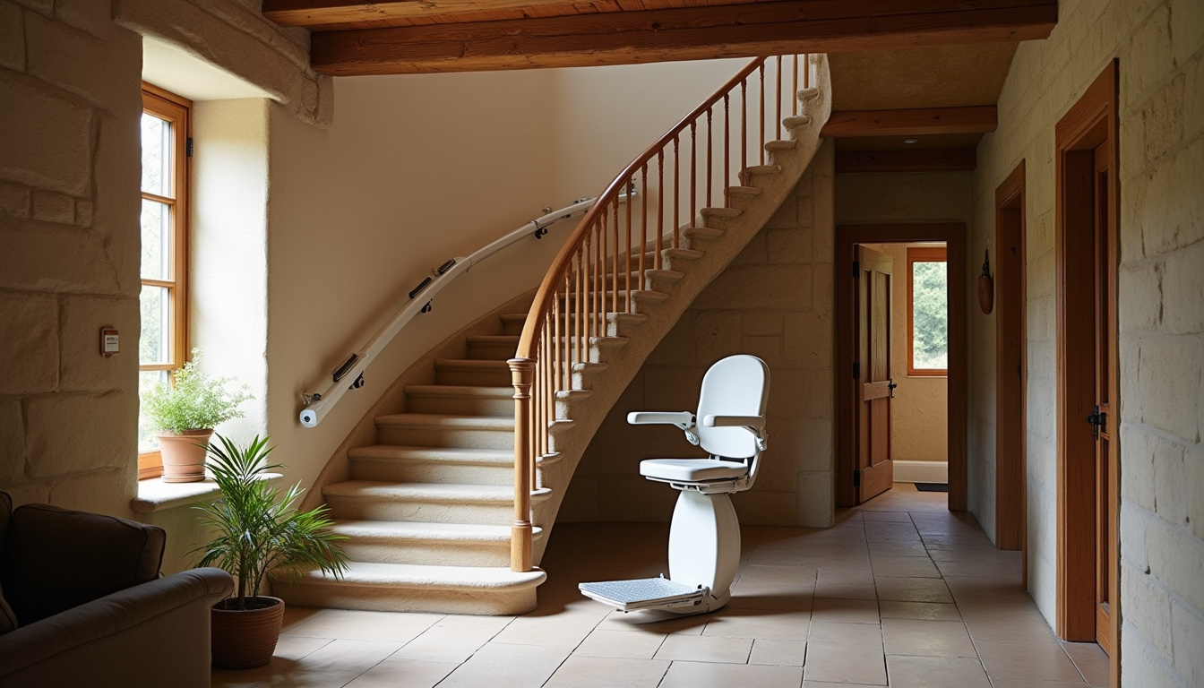 Monte-escalier tournant sur mesure installé dans une maison à Vergongheon