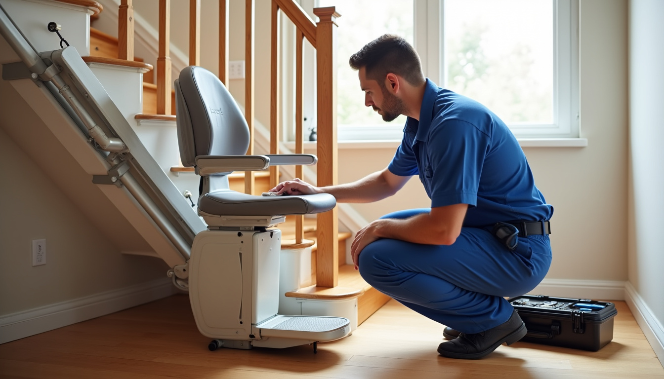 Nettoyage et vérification d’un monte-escalier par un technicien à Vigan