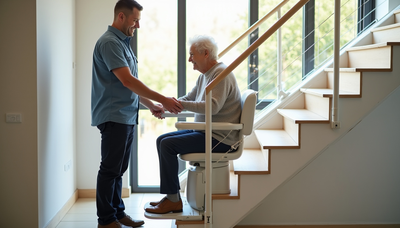Personne âgée essayant un monte-escalier dans un point conseil à Auxerre, accompagnée d’un technicien