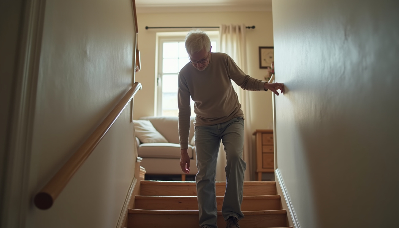 Personne âgée hésitant devant un escalier, signe d’un besoin de monte-escalier