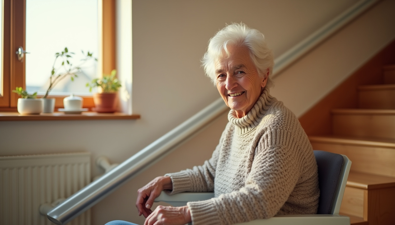 Personne âgée utilisant sereinement un monte-escalier dans sa maison à Valleiry, sourire aux lèvres