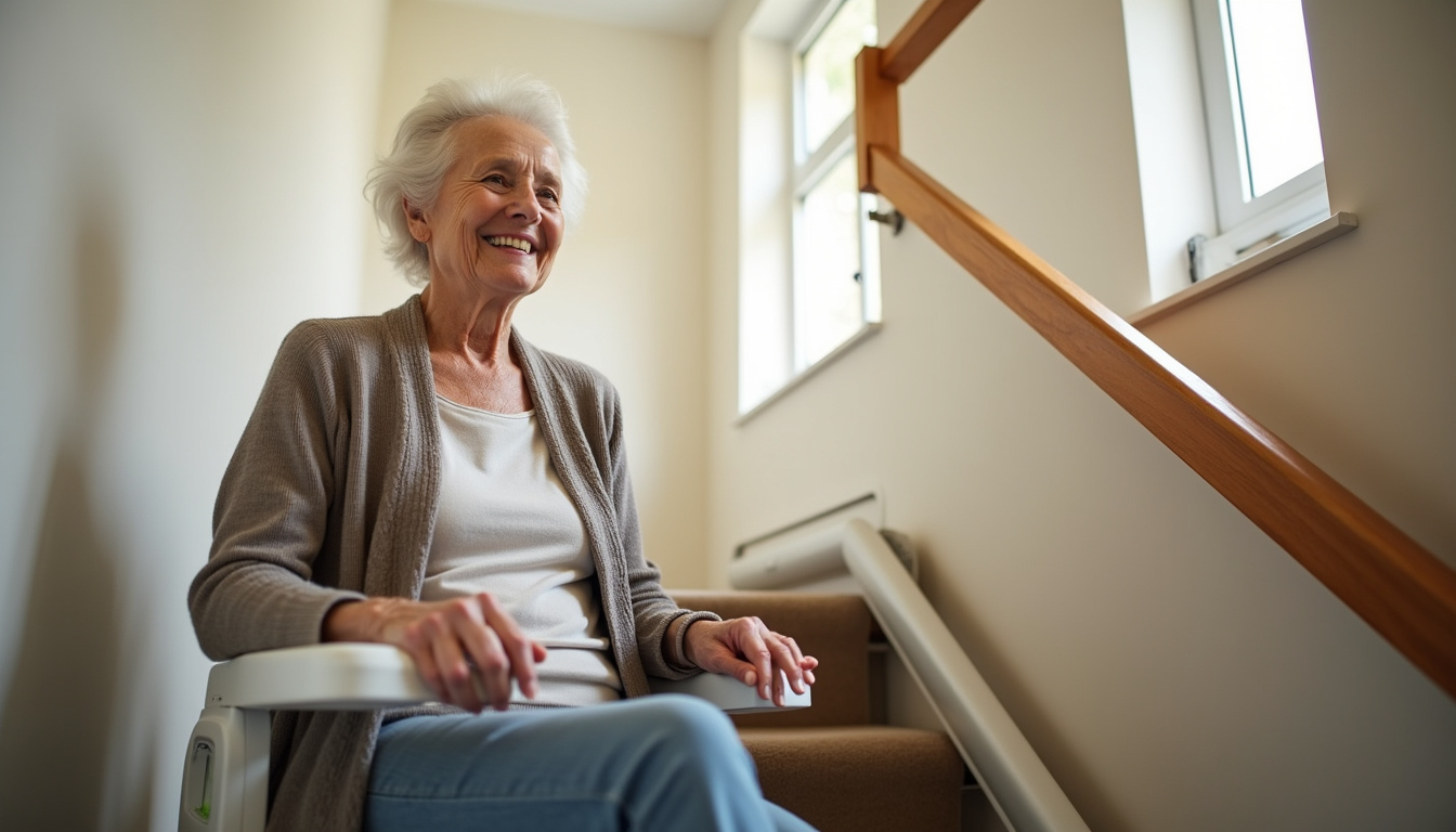 Personne âgée utilisant sereinement un monte-escalier dans son domicile