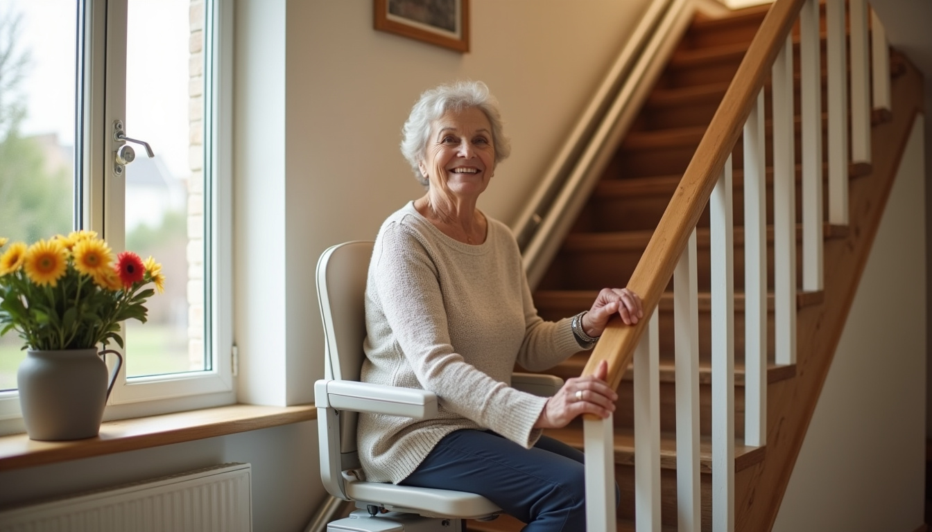 Personne âgée utilisant son monte-escalier à Looberghe, souriante et autonome