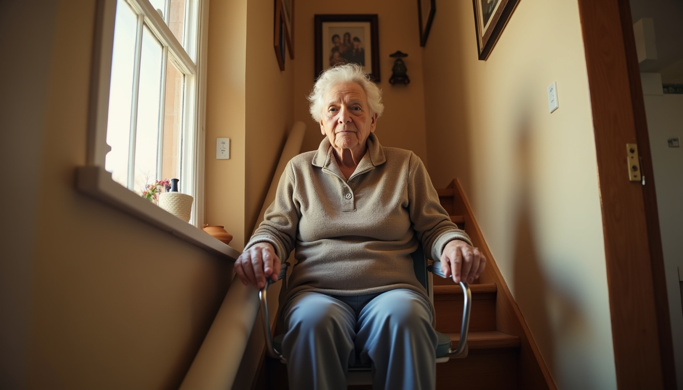 Personne âgée utilisant son monte-escalier au quotidien dans une maison à Sagy