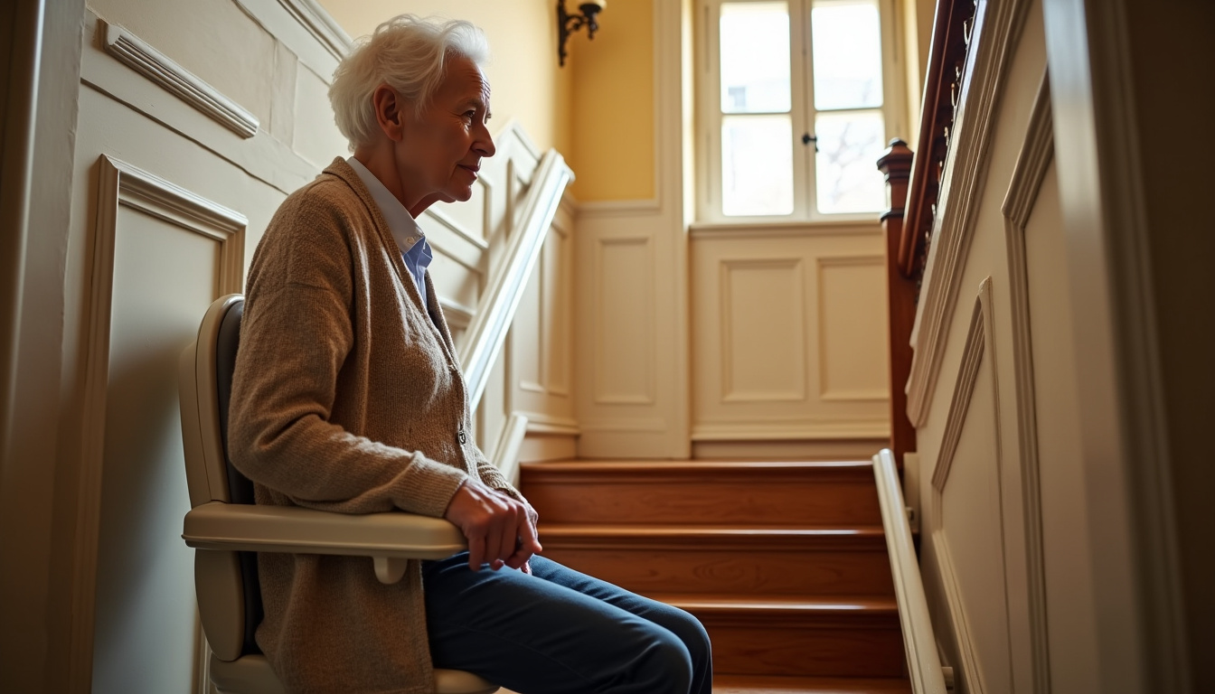 Personne âgée utilisant un fauteuil monte-escalier dans une maison typique de Saint-Apollinaire
