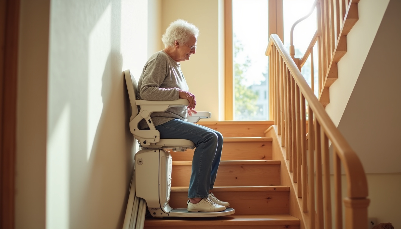 Personne âgée utilisant un monte-escalier à Coudun pour monter les marches en toute sécurité