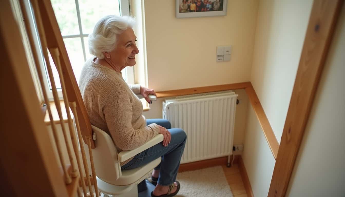 Personne âgée utilisant un monte-escalier à son domicile à Colomiers
